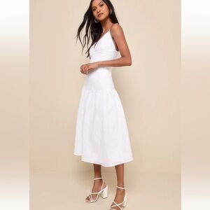 Lulus  Serene Charm White Textured Embroidered Drop Waist Midi Dress.